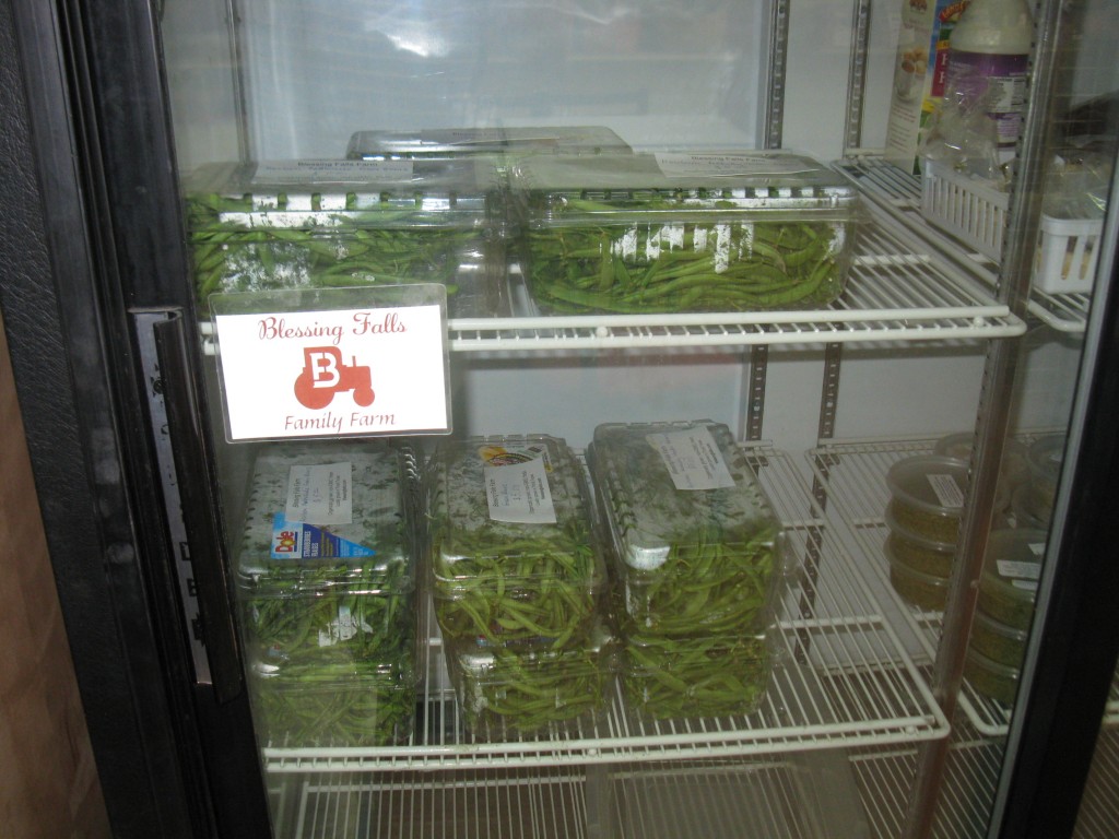 Our fresh heirloom green beans are waiting for you in the cooler.  Look for the  Blessing Falls logo and name!